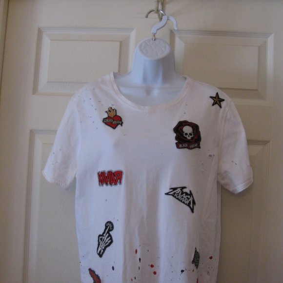 Black Kaviar Tshirt Tee Medium Destroyed Ink Spots Patches White Excellent SALE - Picture 2 of 6